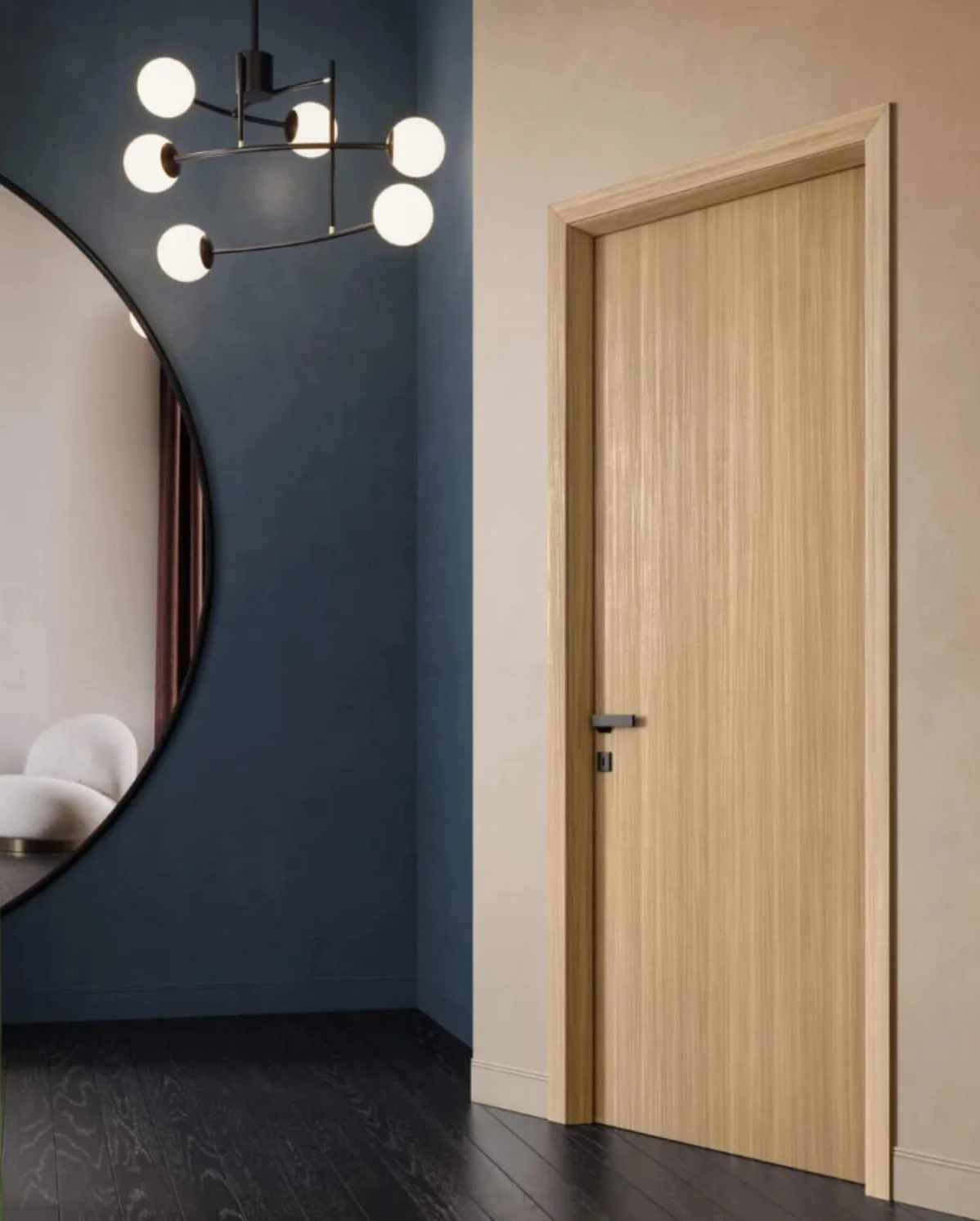 CONTI light wood-grain door in a hallway with a blue wall