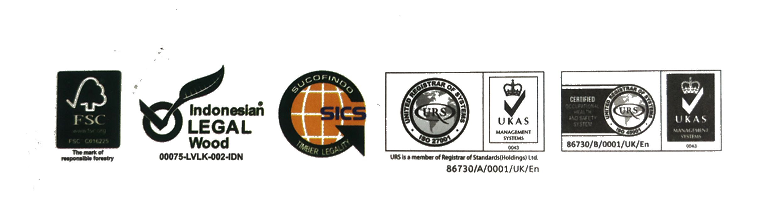 Logo sertifikasi CONTI: Bangga Buatan Indonesia, FSC, SUCOFINDO SICS, Indonesian Legal Wood (SVLK), ISO 45001, ISO 9001 URS, UKAS